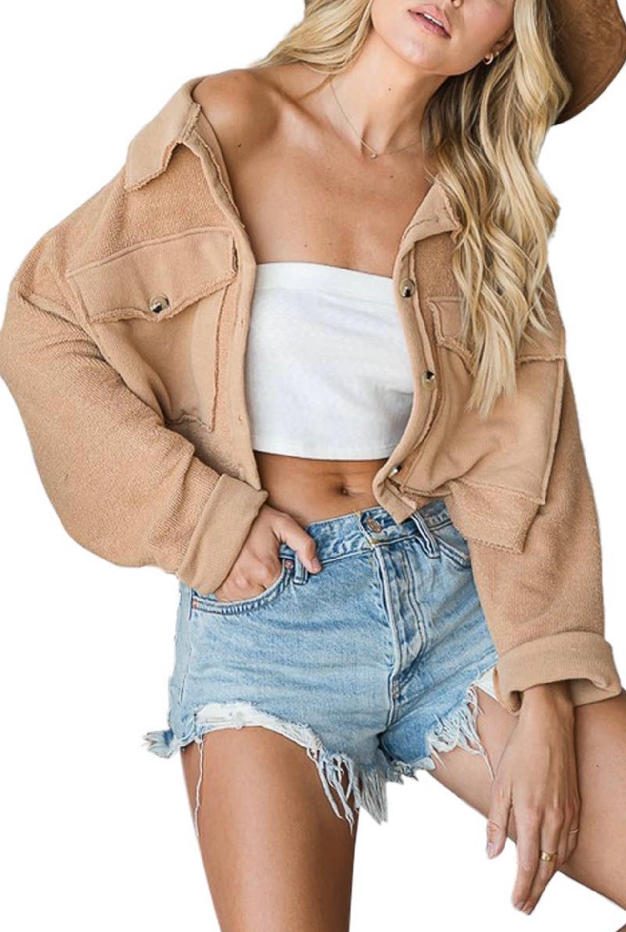 Cropped Shirt Shacket With Pockets