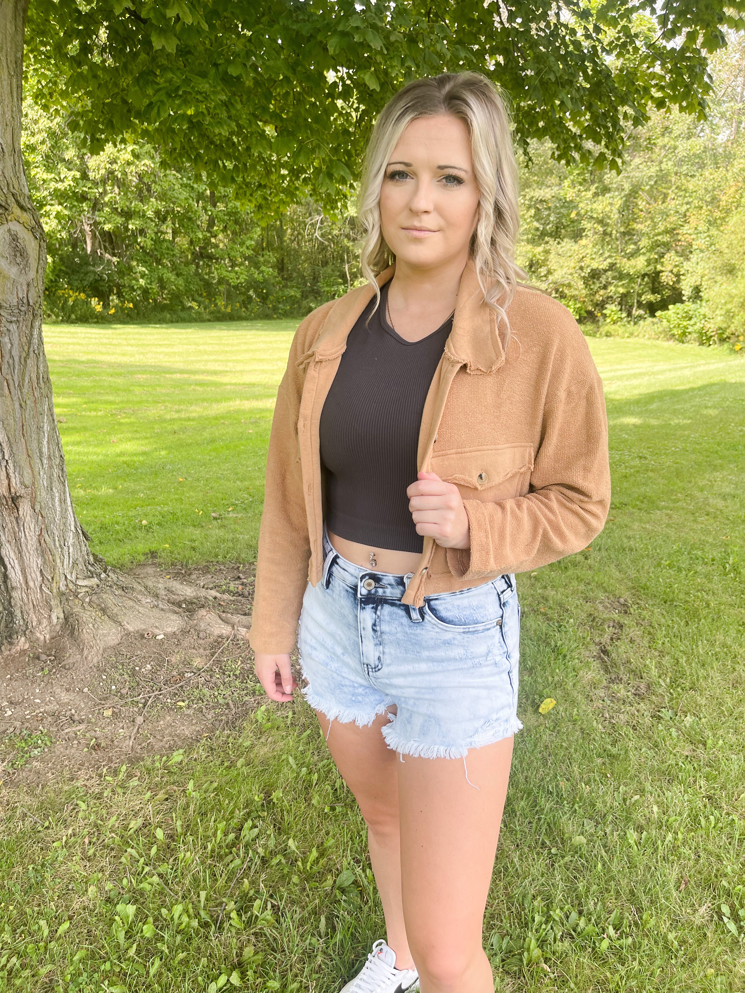 Cropped Shirt Shacket With Pockets